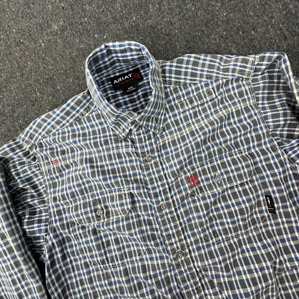Ariat FR Work Shirt Mens M Blue Plaid Flame Resistant Long Sleeve CAT 2 2112